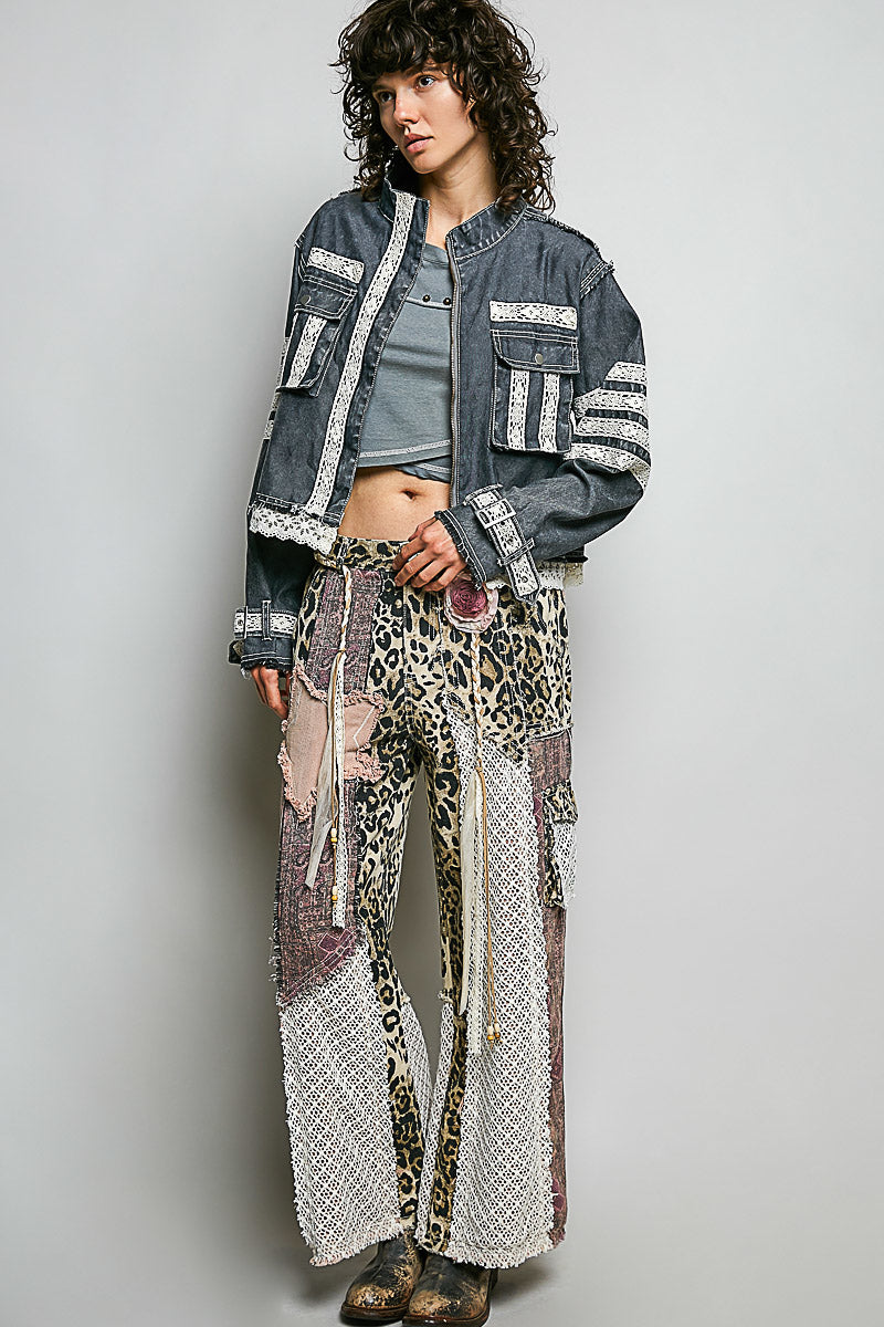 Denim jacket with lace trim