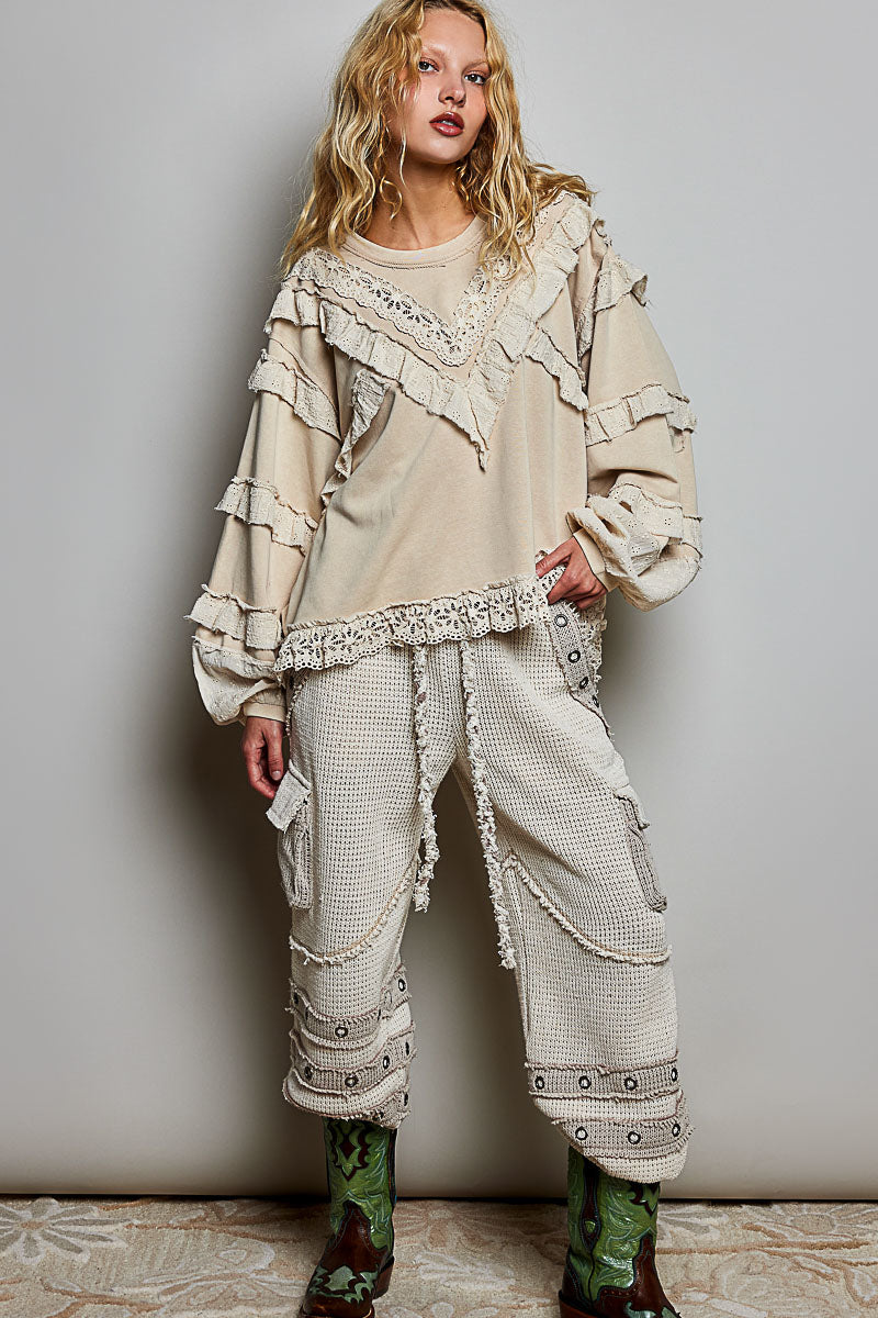 Balloon sleeve top with eyelet ruffle Beige