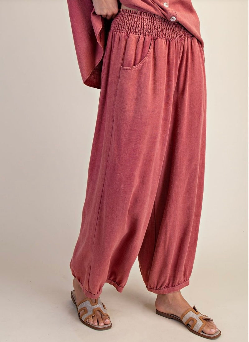WASHED WIDE BAND BOTTOM LINEN PANTS RED