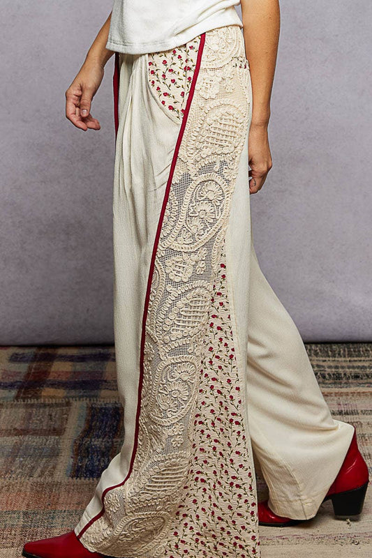 Floral Point Crochet Patch Elastic Band Wide Pants