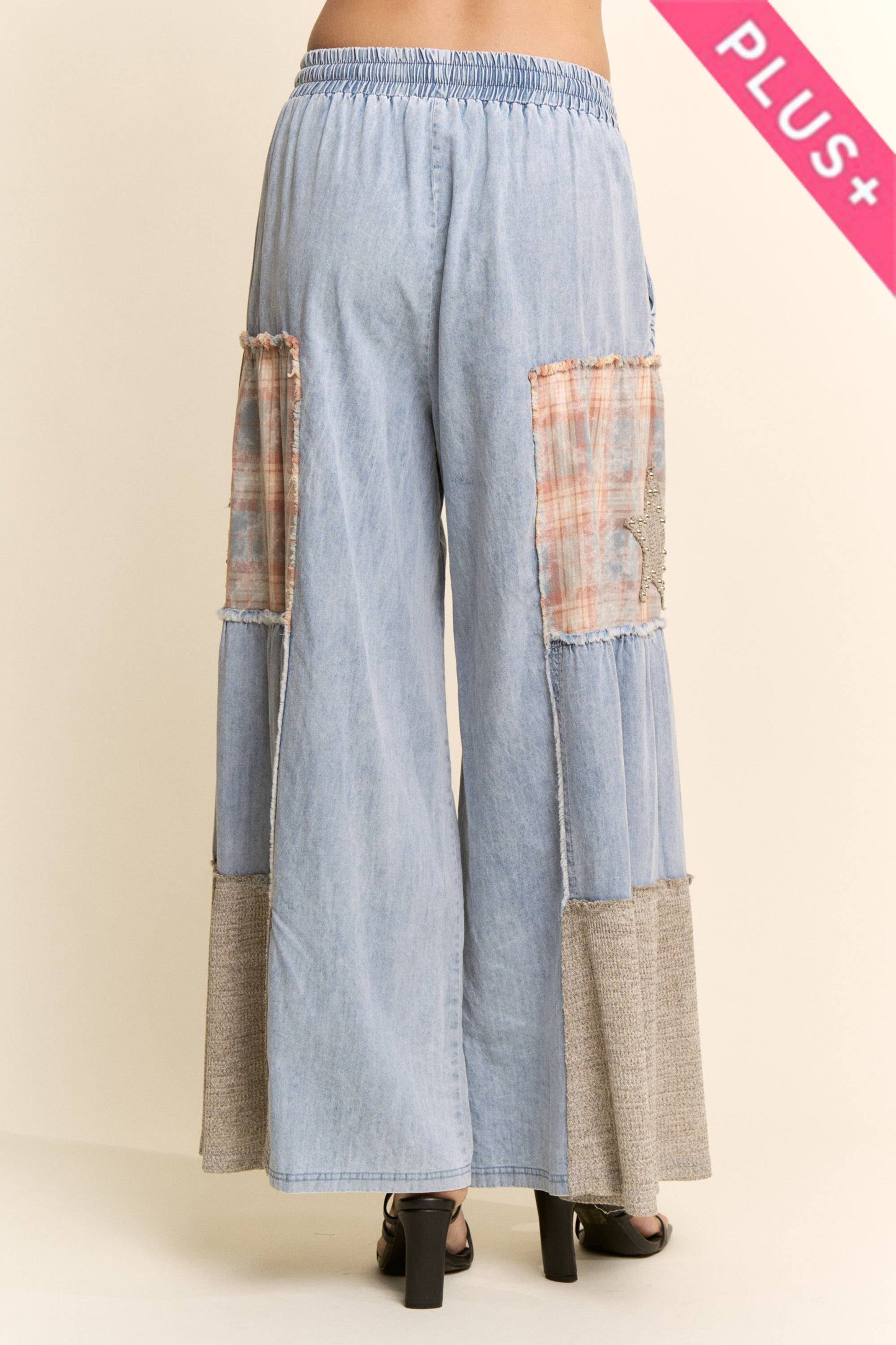 PLUS PRINTED DENIM LACE BLOCKED WIDE LEG PANTS