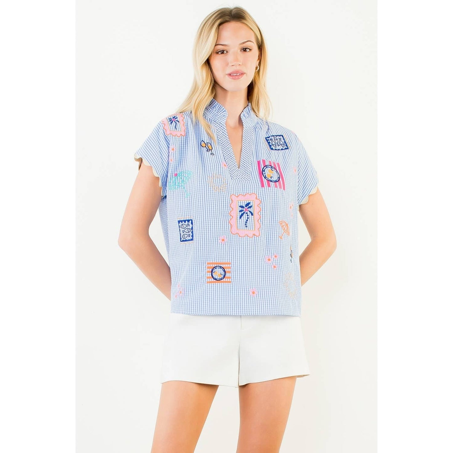 Short Sleeve Embroidery Detail Gingham Top