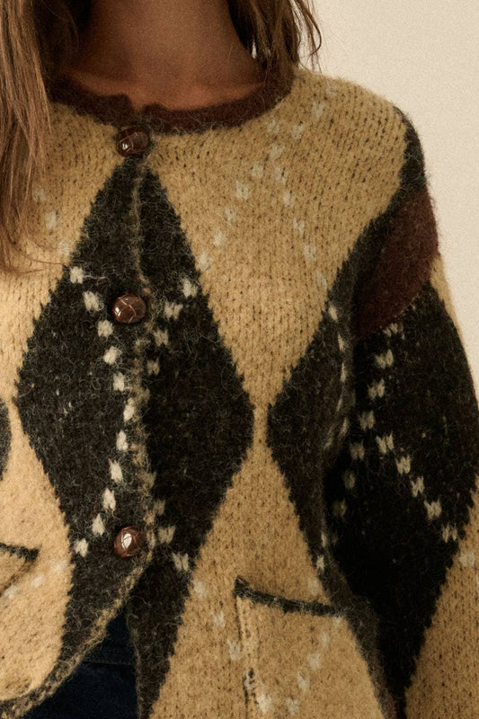 Argyle Plaid Button-Up Pocket Cardigan