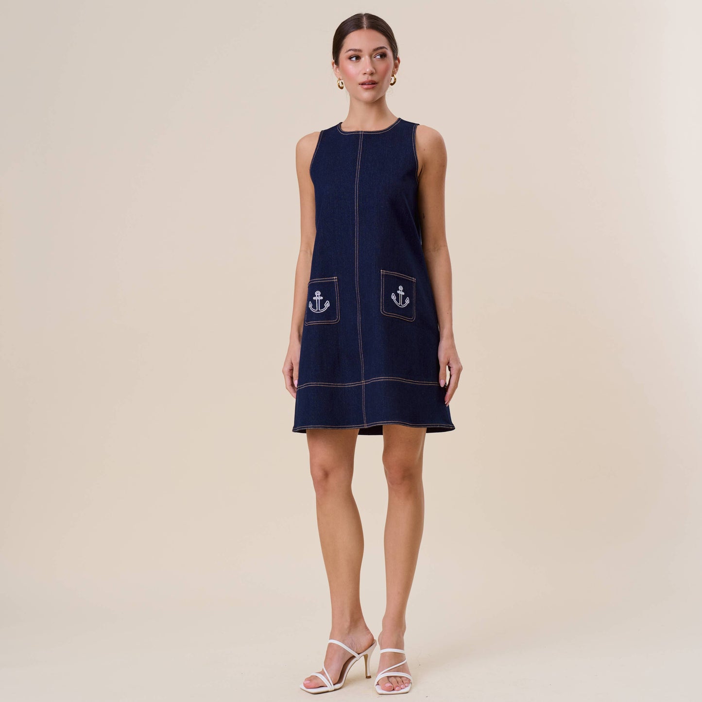 Embroidered stretch denim mini shift dress