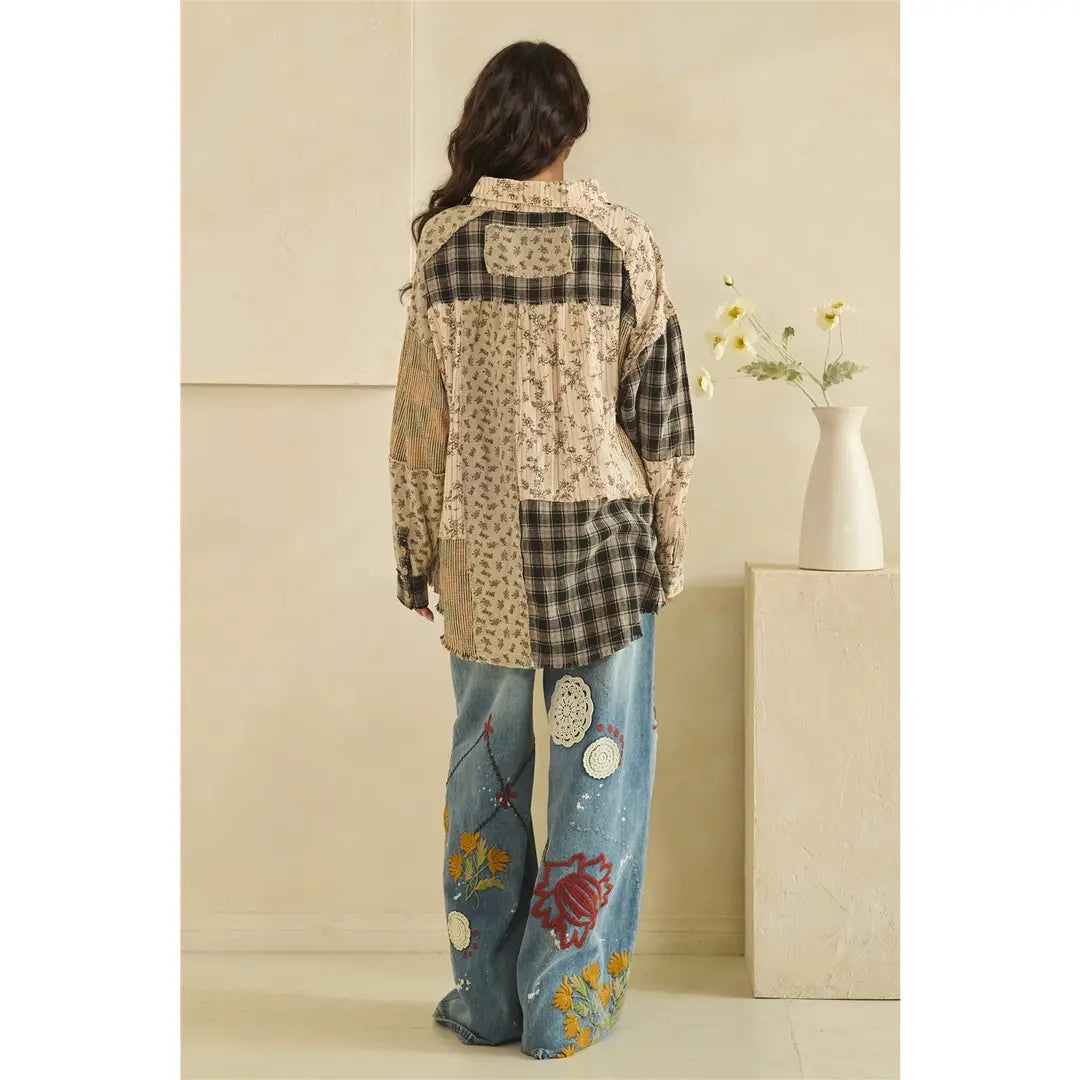 Washed Fabric Mix Collard Buttondown Top