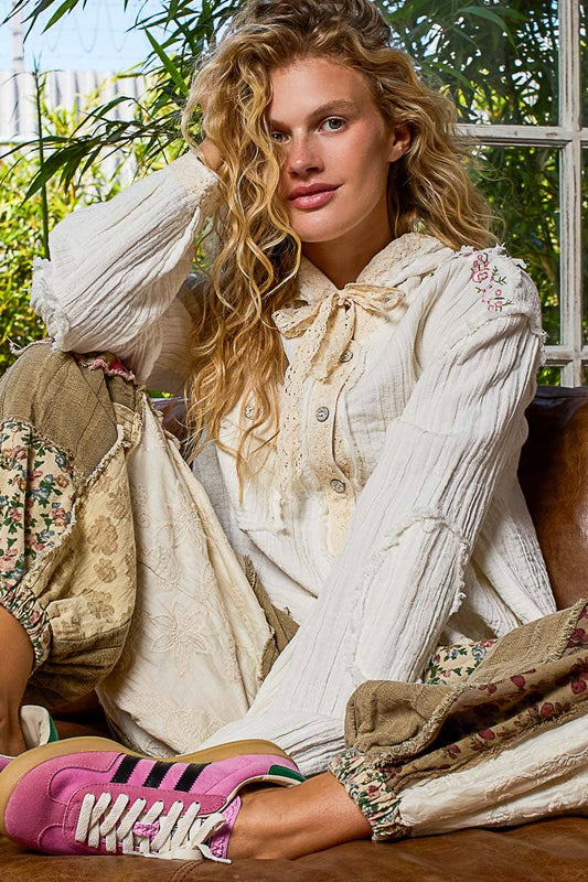 Vintage washing double gauze stitch detail hoodie jacket