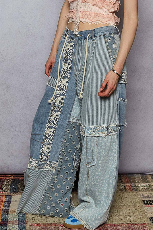 Lace-Overlay Printed Patchwork Contrast Denim Waistband Pant