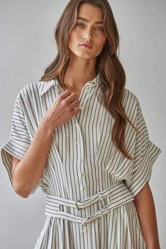 Woven Rayon Polyester Striped Shirtdress