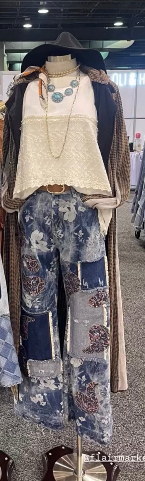 Washed Paisley Patched Jeans