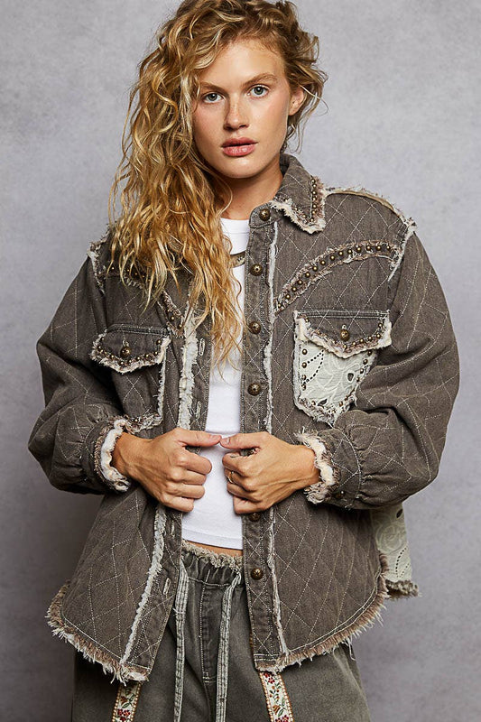Long sleeve Western-inspired yoke studded lace panel jacket