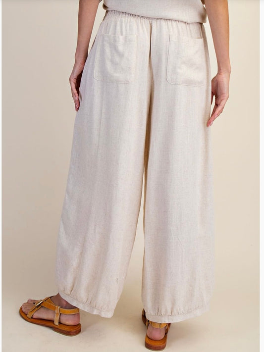 WASHED WIDE BAND BOTTOM LINEN PANTS