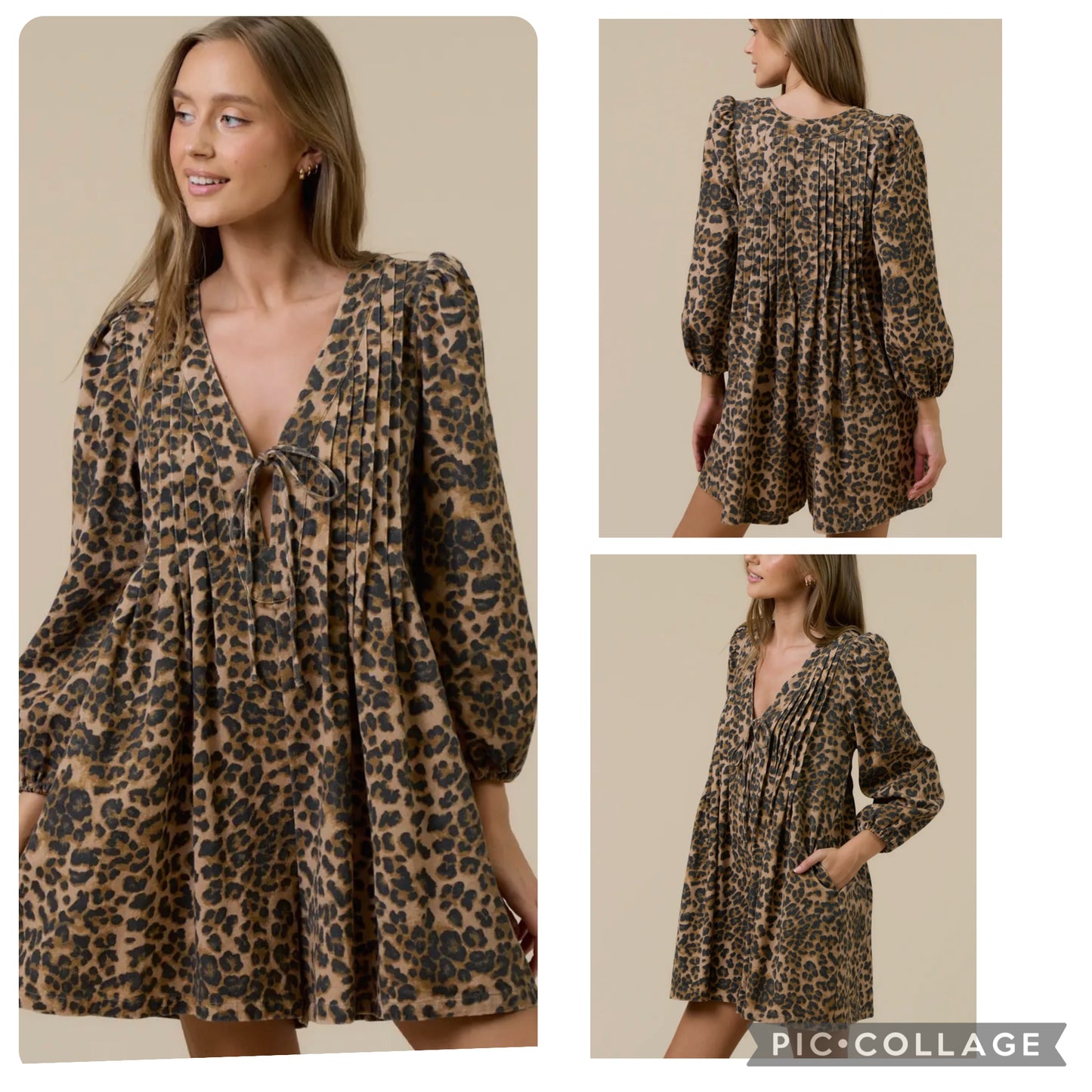 Leopard denim Pleated V-Neck Dress