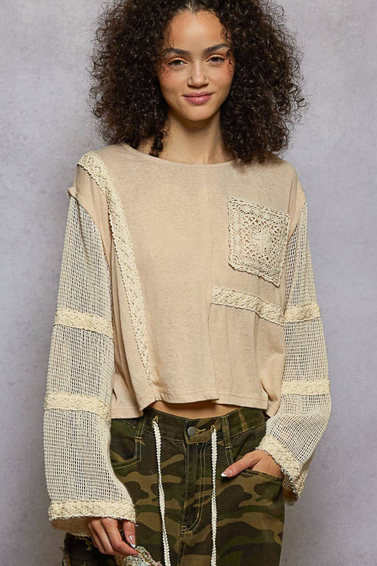 Round Neck Long See Through Sleeve Crochet Solid Knit Top