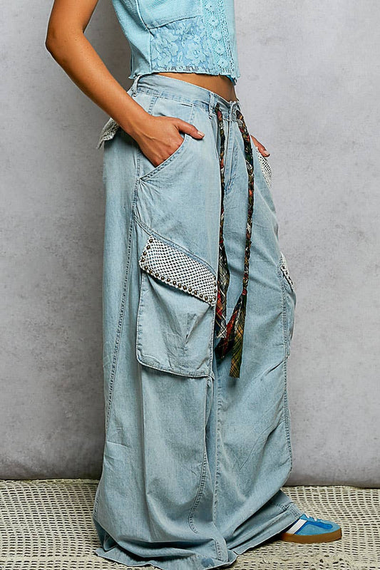 Novelty Drawstring Stud Accents Mesh Patches Woven Pants