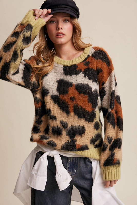 Fuzzy Abstract Leopard Knit Pullover Sweater LSW1005