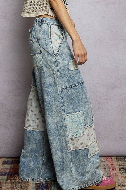 Patchwork Detail Denim Straight Fit Pants