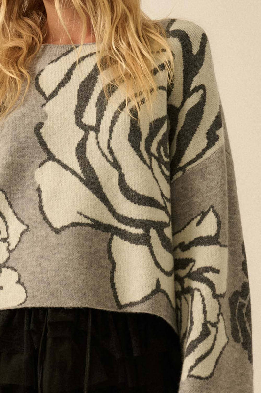 Rose Floral Jacquard-Knit Wide-Sleeve Sweater