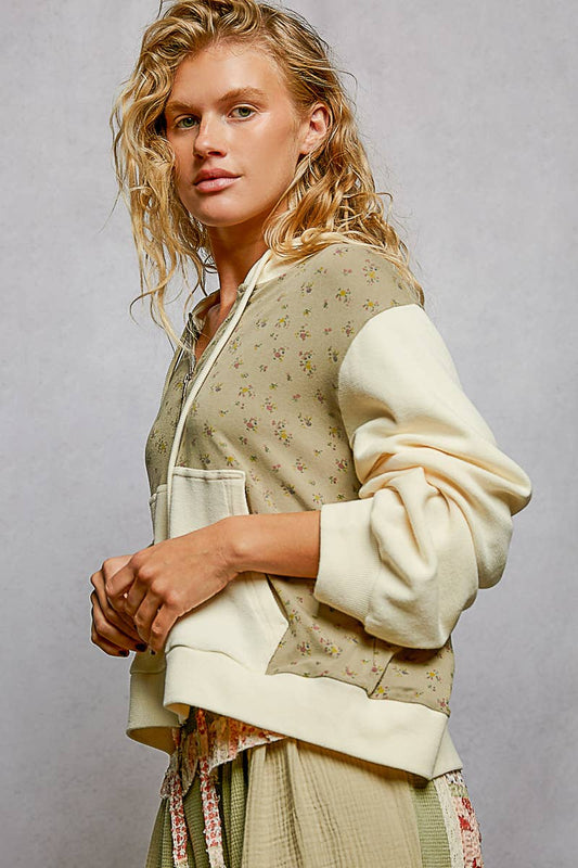 Thermal Contrast Cozy Texture Floral Print Knit Hoodie Top