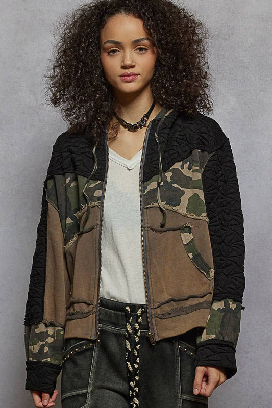 Long sleeve printed terry quilted knit hooded jacket