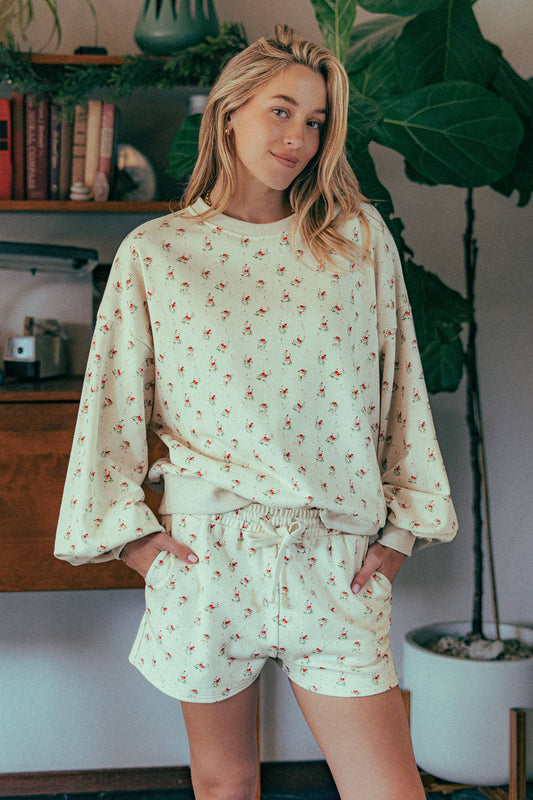 Floral Balloon Sleeve Sweatshirt and Shorts Set