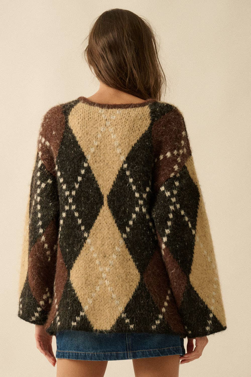 Argyle Plaid Button-Up Pocket Cardigan