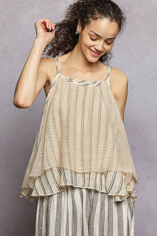 Crochet Wrap Stripe Linen Round Neck Sleeveless Top