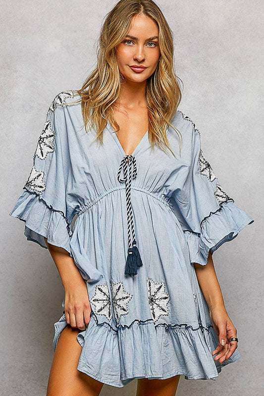 Tassel V-Neck Ruffle Sleeve Embroidered Cotton Denim Dress 1
