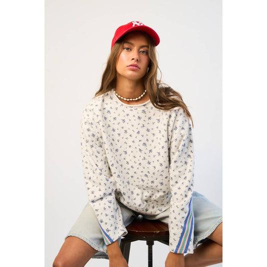 Floral Sweatshirt with Retro Striped Sleeve