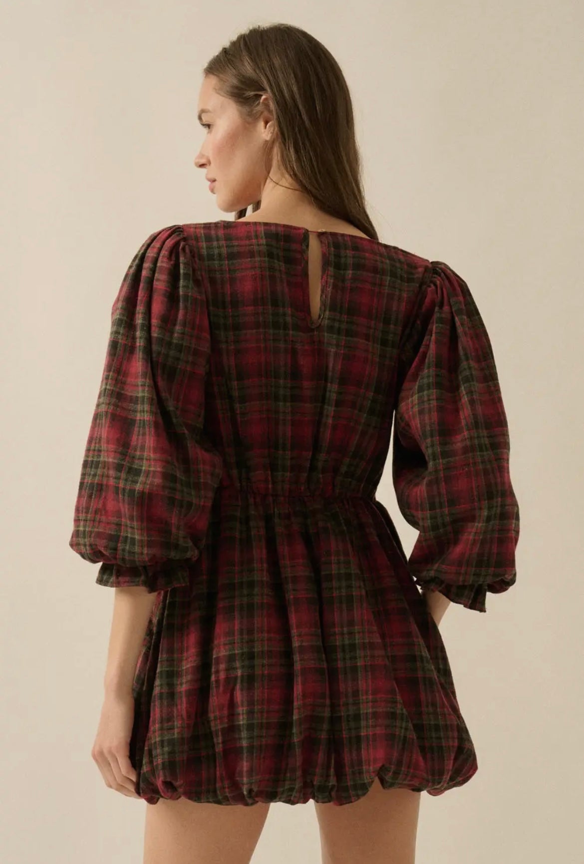 Plaid and lace puff sleeve bubble mini dress