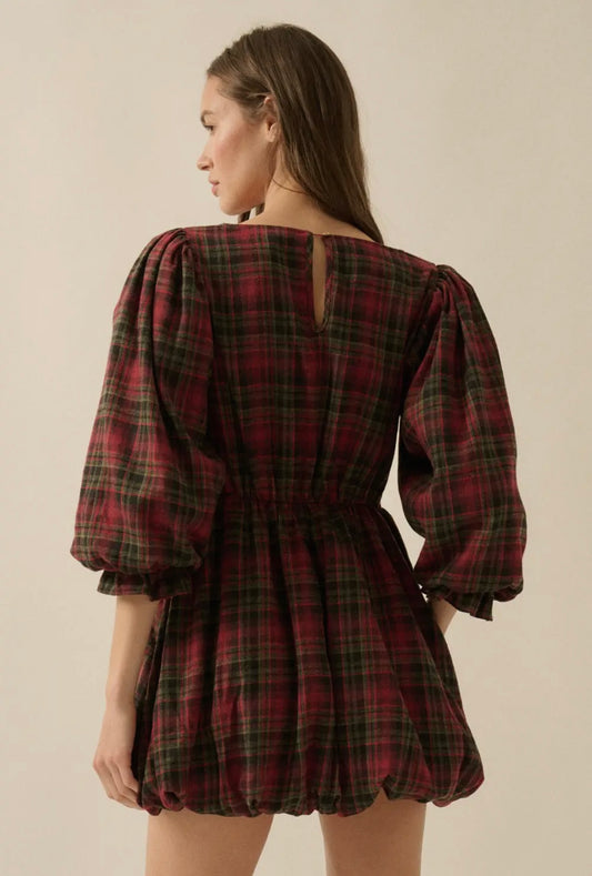 Plaid and lace puff sleeve bubble mini dress