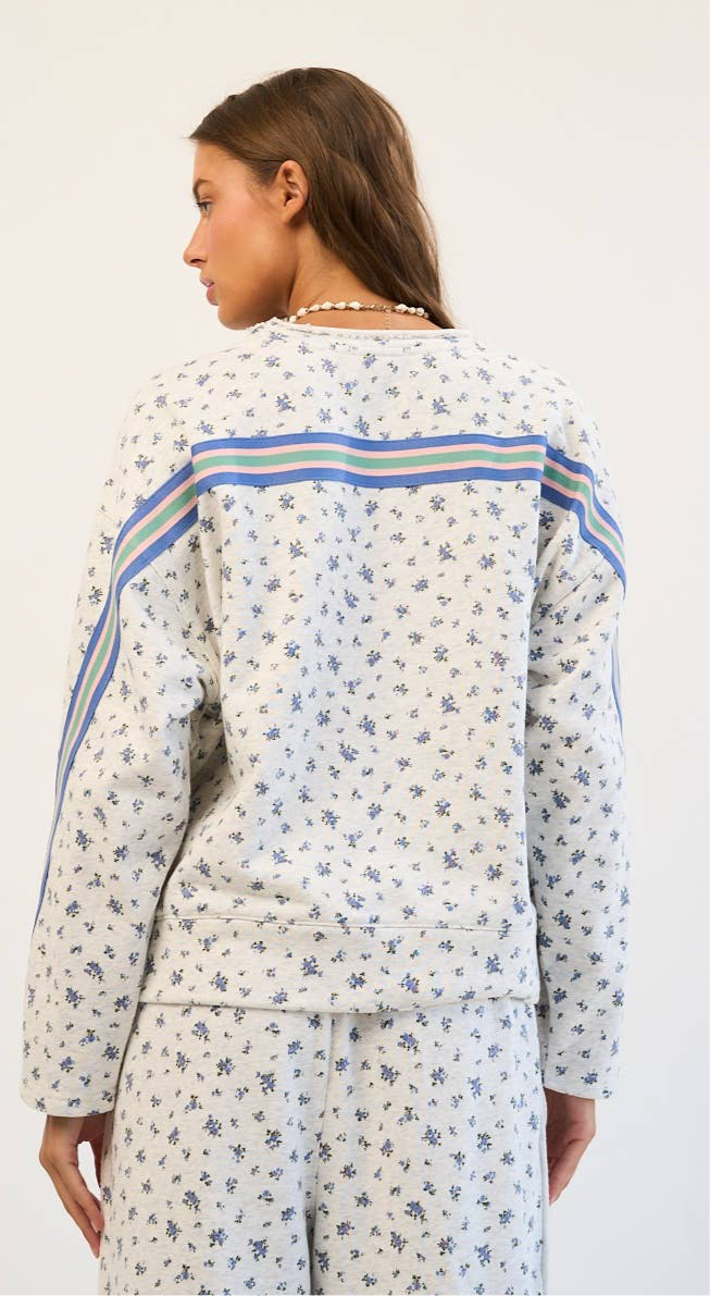 Floral Sweatshirt with Retro Striped Sleeve