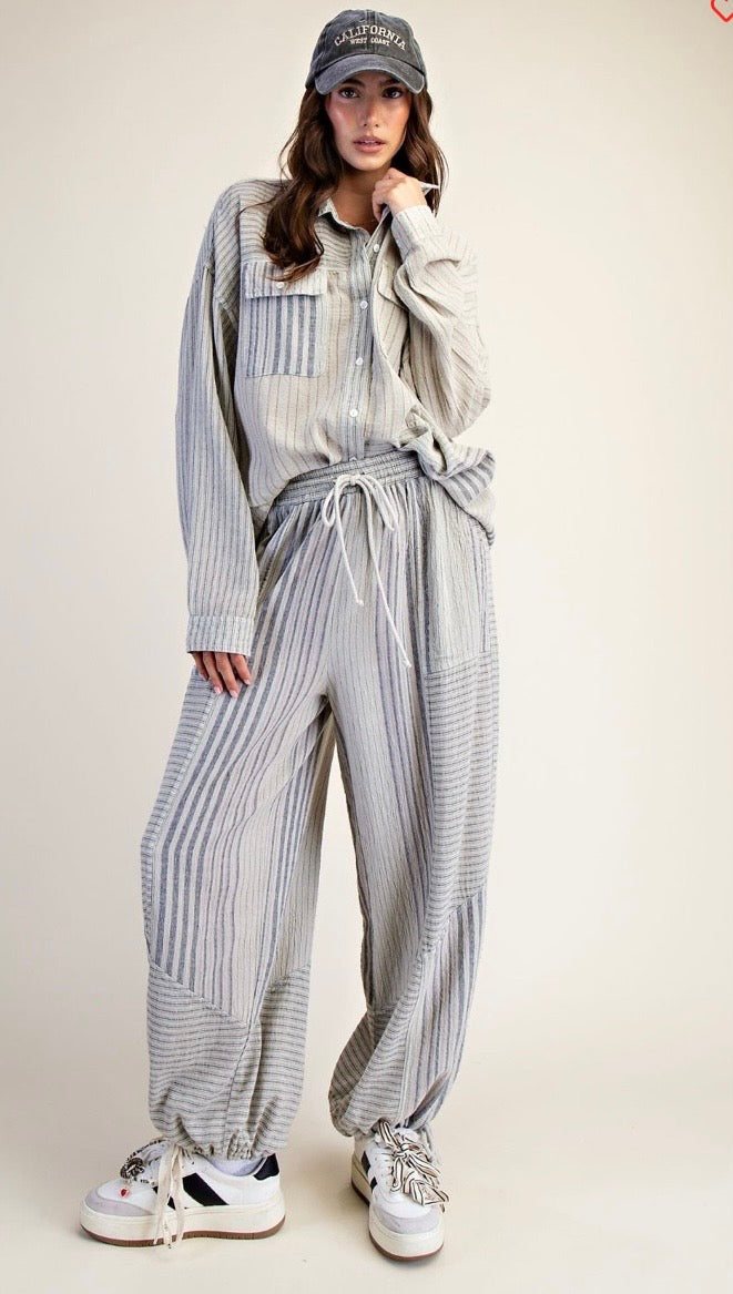 STRIPE MIX WASHED BUTTON DOWN LINEN SHIRT