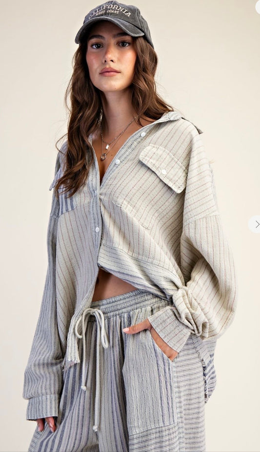STRIPE MIX WASHED BUTTON DOWN LINEN SHIRT