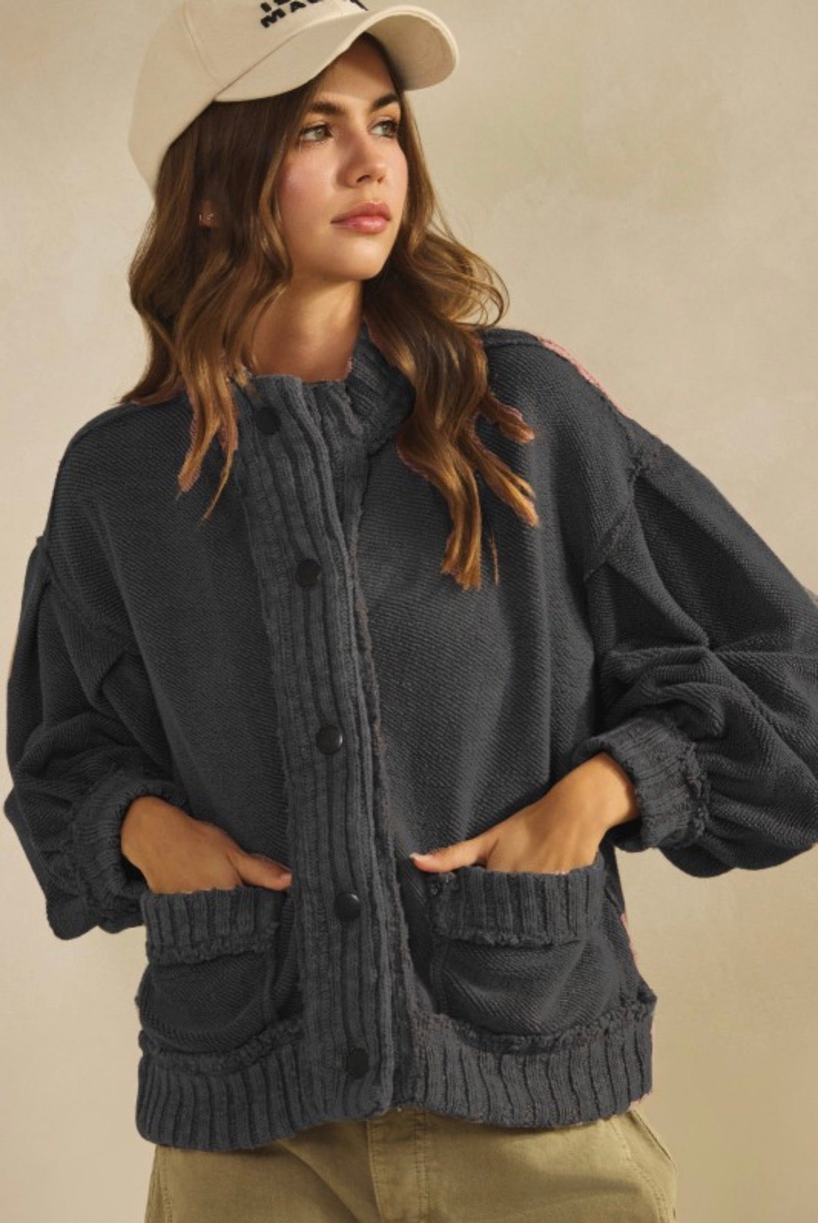 Ribbed knit trim cardigan jacket