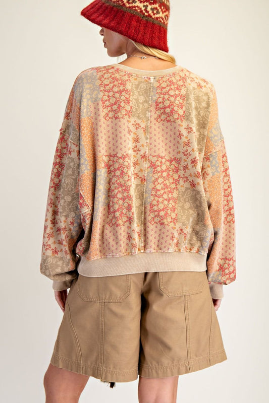 FLORAL PRINTED WASHED TERRY PULLOVER