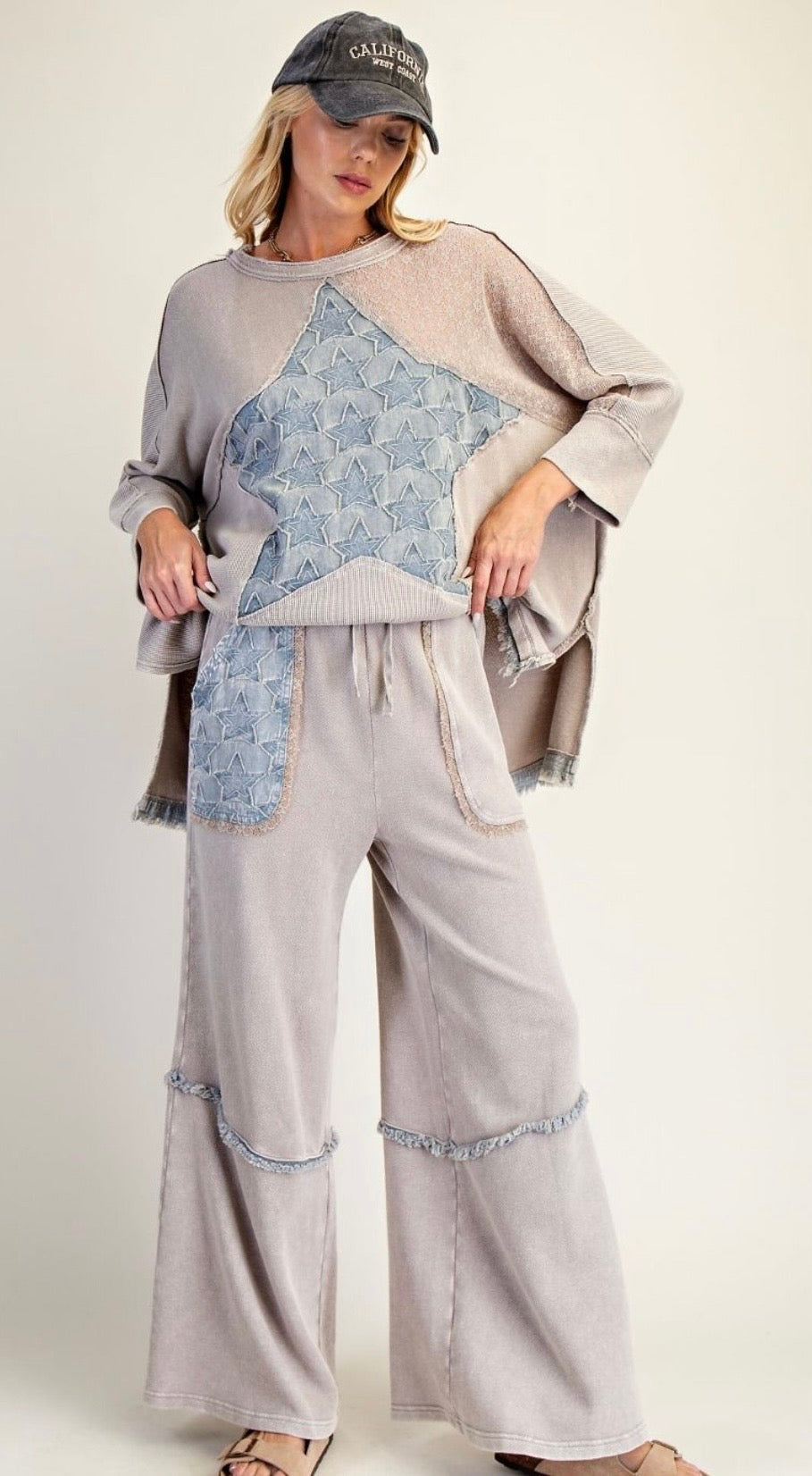 STAR PATCH DETAILING WASHED WAFFLE KNIT TOP