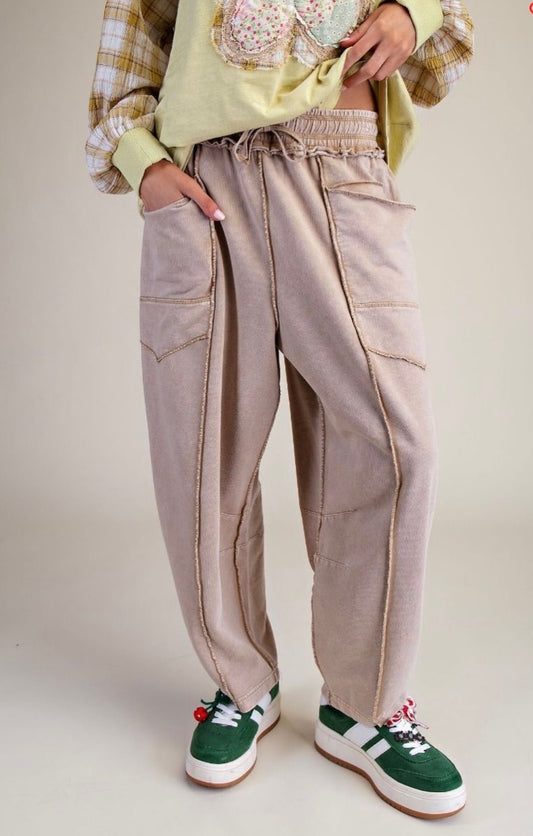 MINERAL WASHED TERRY KNIT BARREL PANTS