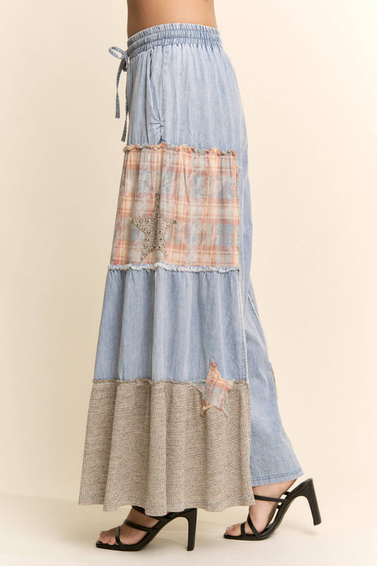 PLUS PRINTED DENIM LACE BLOCKED WIDE LEG PANTS
