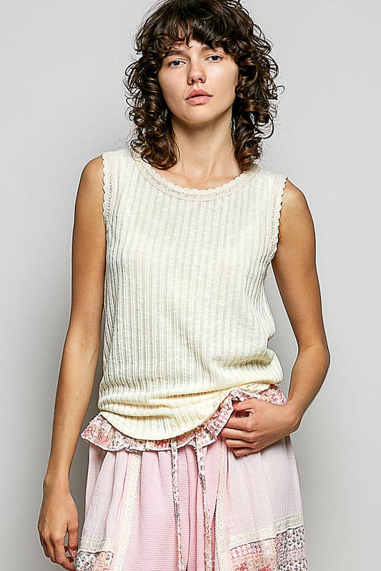 Round Neck Sleeveless Trim Neck Solid Textured Rib Knit Top