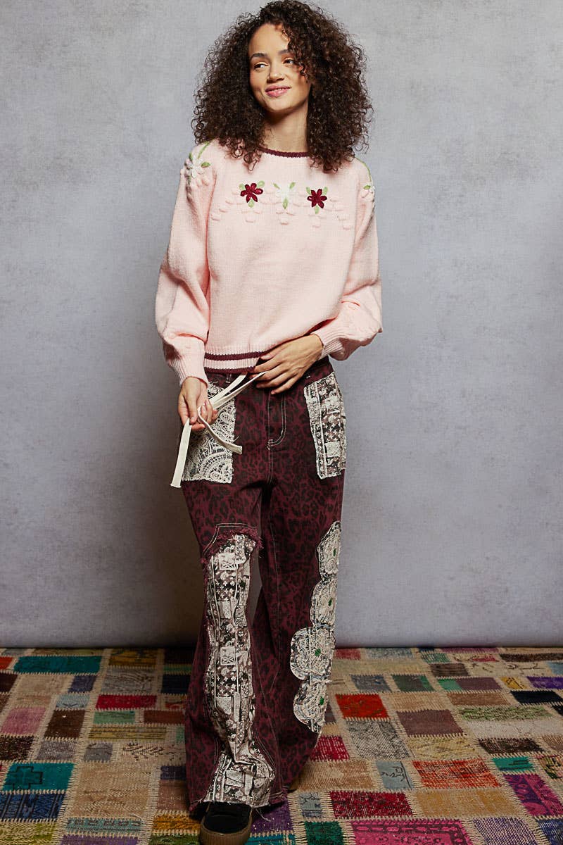 Round neck balloon sleeve floral embroidery sweater top