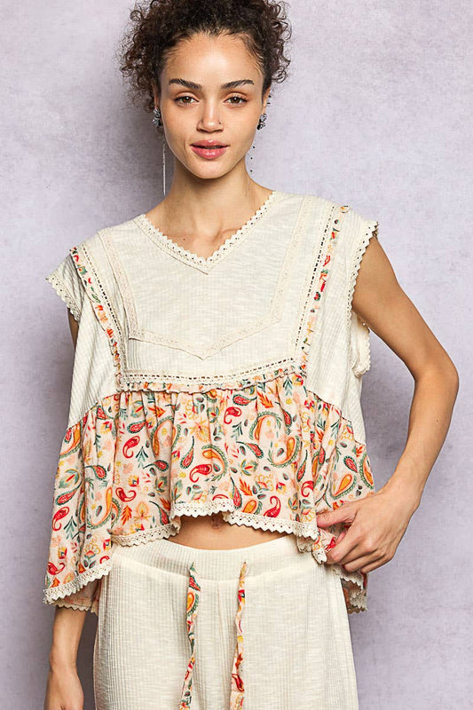 V-neck Floral Pattern Trim Ruffle Rib Knitted Sleeveless Top