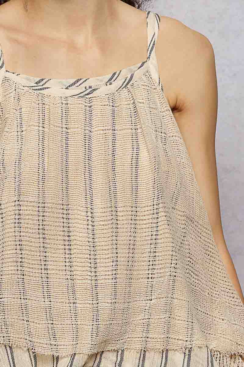 Crochet Wrap Stripe Linen Round Neck Sleeveless Top