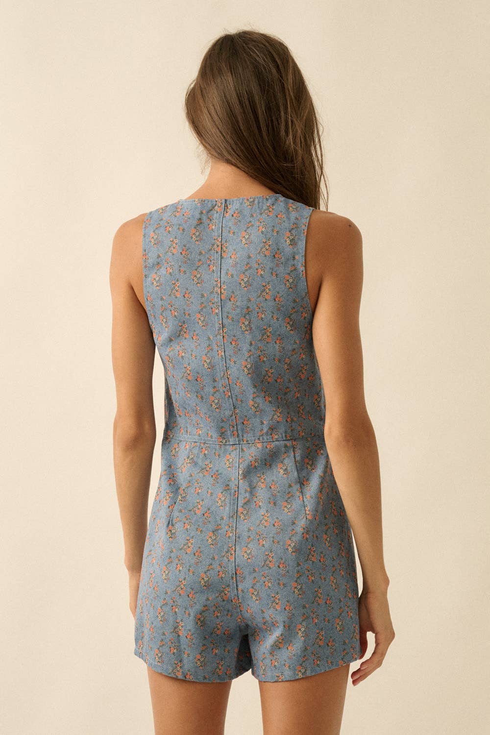 Floral-Print Denim Sleeveless Vest Romper