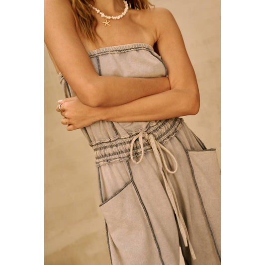 MINERAL WASH CONTRAST STITCH BARREL LEG JUMPSUIT