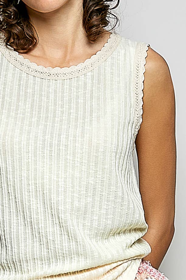 Round Neck Sleeveless Trim Neck Solid Textured Rib Knit Top