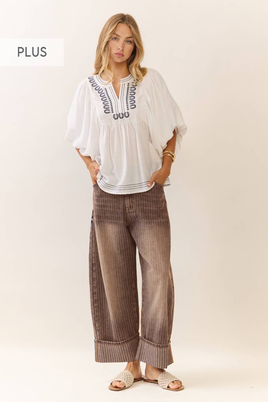 Plus Striped Barrel Culottes Brown