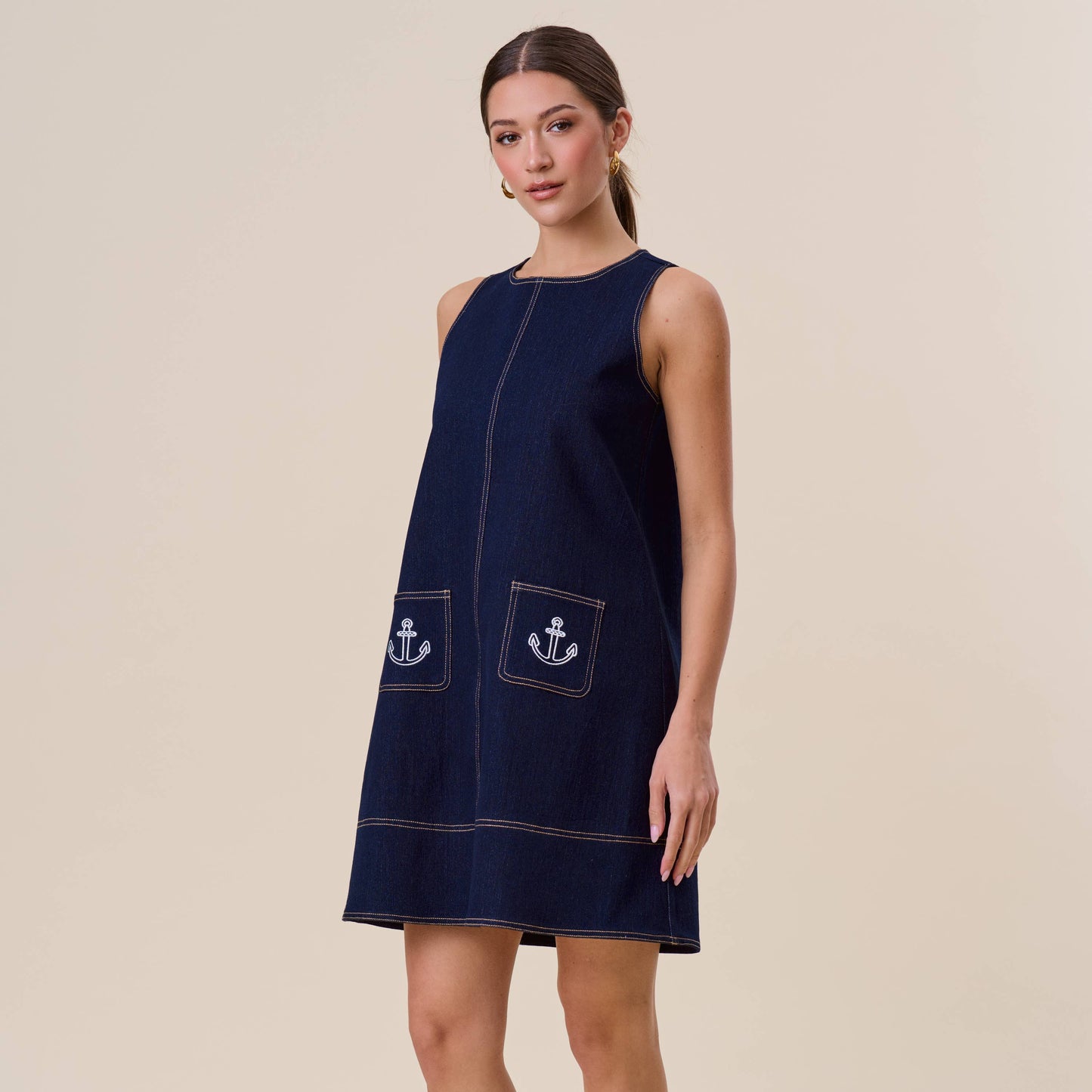 Embroidered stretch denim mini shift dress