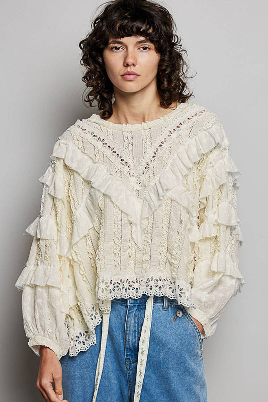 Eyelet Ruffle Raw Edge Trim Lace Solid Knit Top