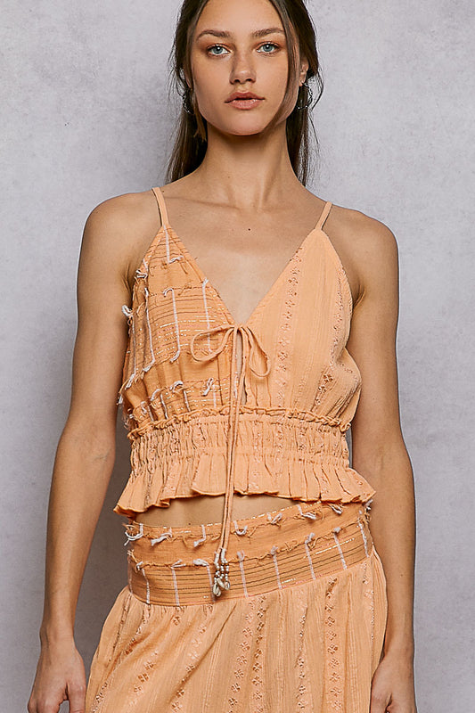 Reverse Ruffle Shirring V-Neck Cotton Sleeveless Crop Top Coral