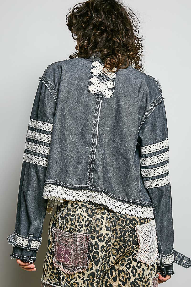 Denim jacket with lace trim